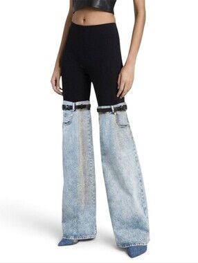 AZURESHEN Hybrid Denim Trousers Double Belted Wide Leg Jeans Sz.S